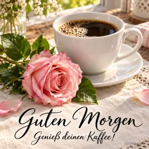 Kaffeetasse und rosa Rose auf einer Spitzendecke, Text: Guten Morgen – Genieß deinen Kaffee!