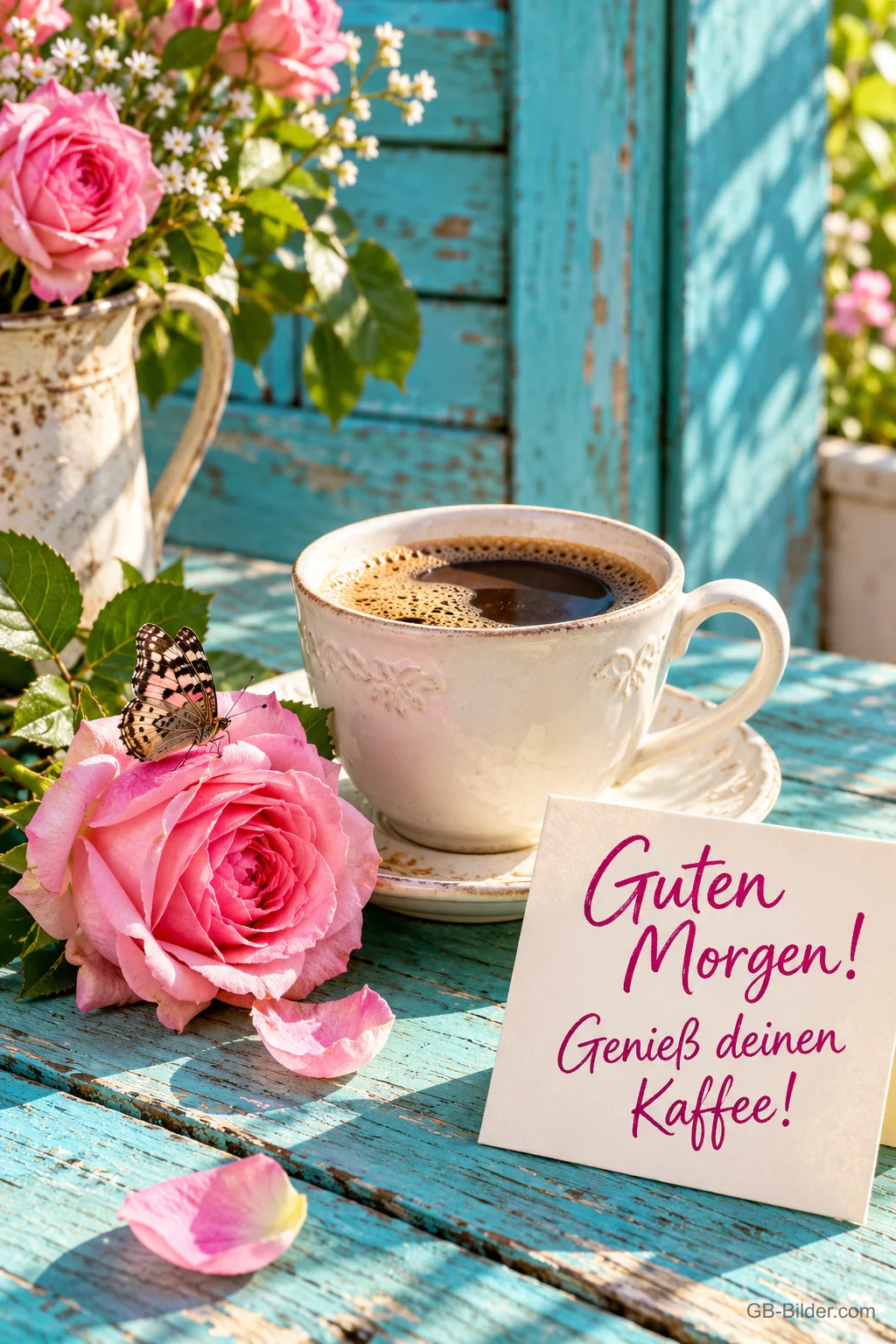 Kaffeetasse mit Rosen und Schmetterling auf einem Holztisch, Text: Guten Morgen! – Genieß deinen Kaffee! Kaffeetasse mit Rosen und Schmetterling auf einem Holztisch, Text: Guten Morgen! – Genieß deinen Kaffee!