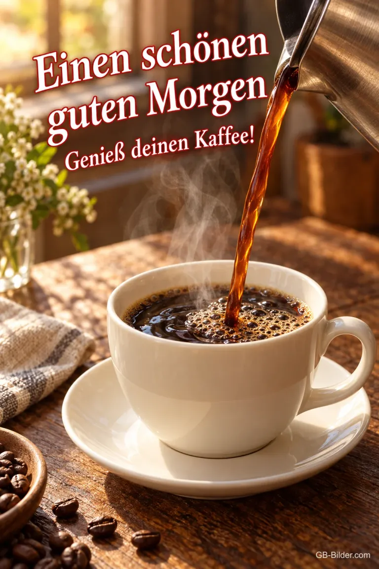 Kaffee wird in eine weiße Tasse gegossen, Text: Einen schönen guten Morgen – Genieß deinen Kaffee!