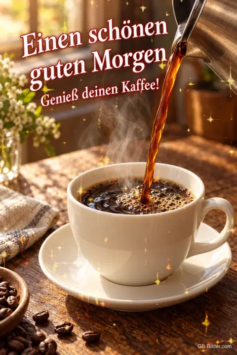 Kaffee wird in eine weiße Tasse gegossen, Text: Einen schönen guten Morgen – Genieß deinen Kaffee! Kaffee wird in eine weiße Tasse gegossen, Text: Einen schönen guten Morgen – Genieß deinen Kaffee!