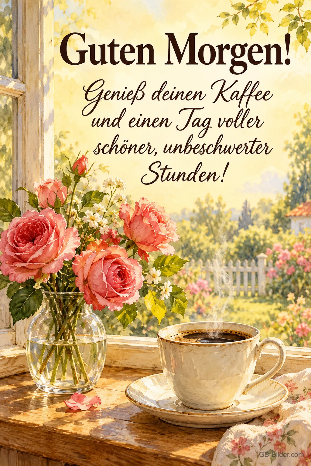 Rosen in einer Vase und Kaffeetasse am Fenster, Text: Guten Morgen! – Genieß deinen Kaffee und einen Tag voller schöner, unbeschwerter Stunden! Rosen in einer Vase und Kaffeetasse am Fenster, Text: Guten Morgen! – Genieß deinen Kaffee und einen Tag voller schöner, unbeschwerter Stunden!