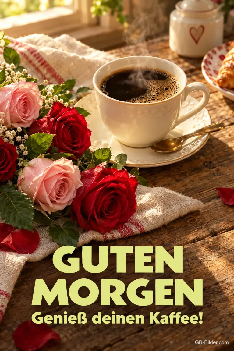 Kaffeetasse zwischen roten und rosa Rosen, Text: GUTEN MORGEN – Genieß deinen Kaffee!