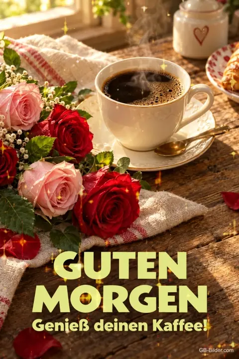 Kaffeetasse zwischen roten und rosa Rosen, Text: GUTEN MORGEN – Genieß deinen Kaffee! Kaffeetasse zwischen roten und rosa Rosen, Text: GUTEN MORGEN – Genieß deinen Kaffee!
