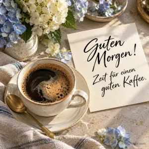 Kaffeetasse und Karte zwischen blauen und weißen Hortensien, Text: Guten Morgen! – Zeit für einen guten Kaffee.
