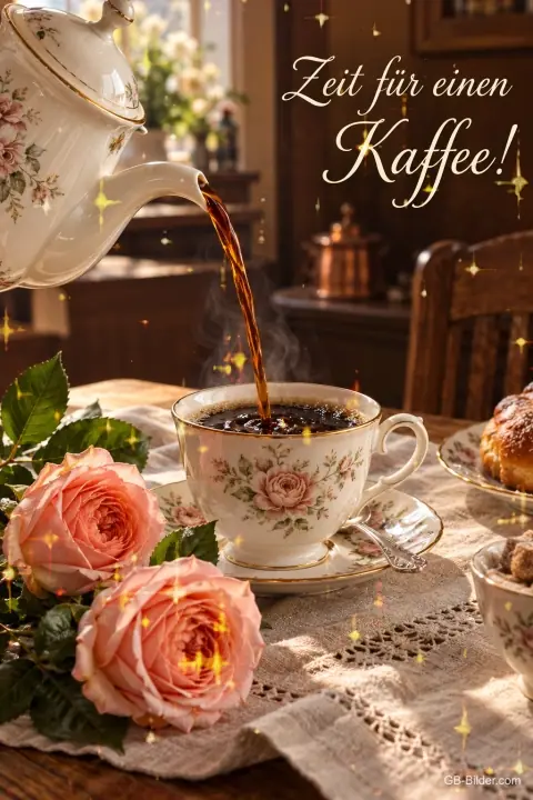 Kaffee wird aus einer Porzellankanne in eine Tasse mit Rosen gegossen, Text: Zeit für einen – Kaffee! Kaffee wird aus einer Porzellankanne in eine Tasse mit Rosen gegossen, Text: Zeit für einen – Kaffee!