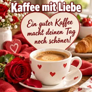 Tasse mit Herzen, rote Rose und Croissant, Text: Kaffee mit Liebe – Ein guter Kaffee macht deinen Tag noch schöner!
