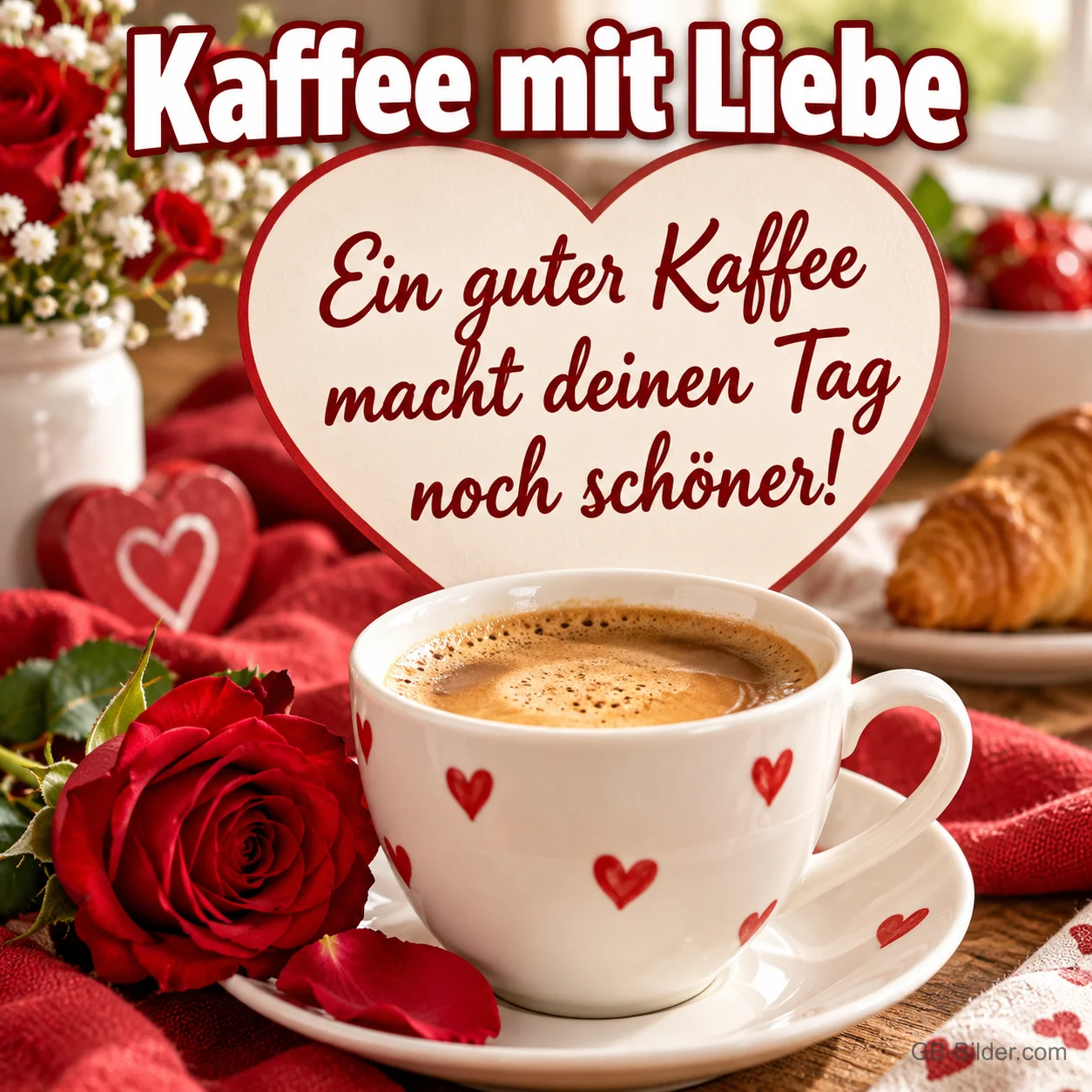 Tasse mit Herzen, rote Rose und Croissant, Text: Kaffee mit Liebe – Ein guter Kaffee macht deinen Tag noch schöner! Tasse mit Herzen, rote Rose und Croissant, Text: Kaffee mit Liebe – Ein guter Kaffee macht deinen Tag noch schöner!