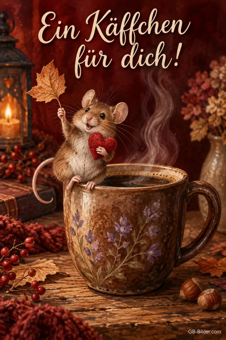 Maus mit rotem Herz sitzt auf einer dampfenden Kaffeetasse, Text: Ein Käffchen – für dich!