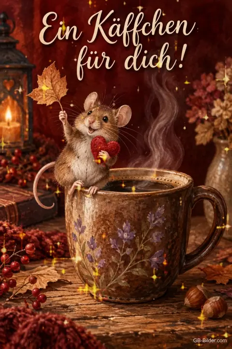 Maus mit rotem Herz sitzt auf einer dampfenden Kaffeetasse, Text: Ein Käffchen – für dich! Maus mit rotem Herz sitzt auf einer dampfenden Kaffeetasse, Text: Ein Käffchen – für dich!