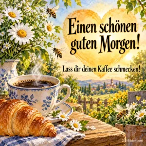 Kaffeetasse und Croissant zwischen Margeriten mit Bienen, Text: Einen schönen guten Morgen! – Lass dir deinen Kaffee schmecken!