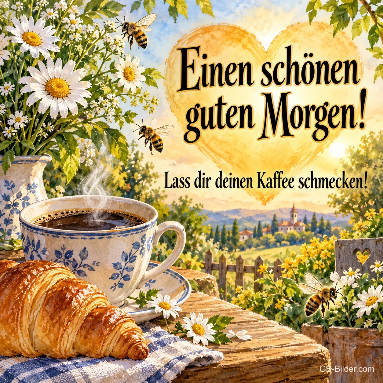 Kaffeetasse und Croissant zwischen Margeriten mit Bienen, Text: Einen schönen guten Morgen! – Lass dir deinen Kaffee schmecken! Kaffeetasse und Croissant zwischen Margeriten mit Bienen, Text: Einen schönen guten Morgen! – Lass dir deinen Kaffee schmecken!