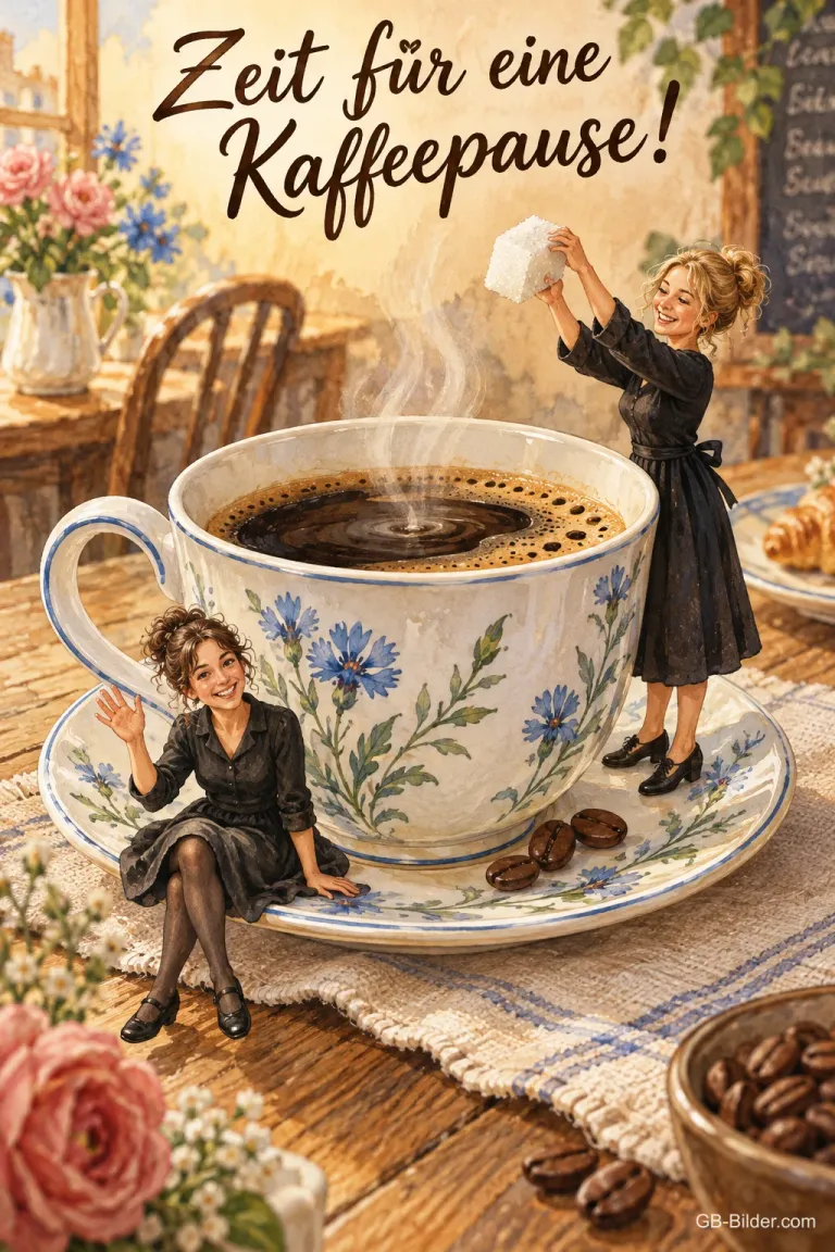Zwei kleine Frauen sitzen auf einer Kaffeetasse, eine bringt ein Stück Zucker, Text: Zeit für eine – Kaffeepause!