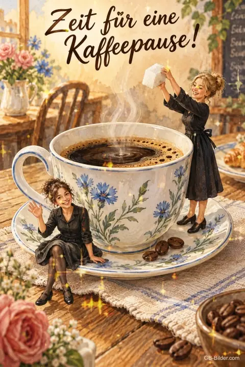 Zwei kleine Frauen sitzen auf einer Kaffeetasse, eine bringt ein Stück Zucker, Text: Zeit für eine – Kaffeepause! Zwei kleine Frauen sitzen auf einer Kaffeetasse, eine bringt ein Stück Zucker, Text: Zeit für eine – Kaffeepause!
