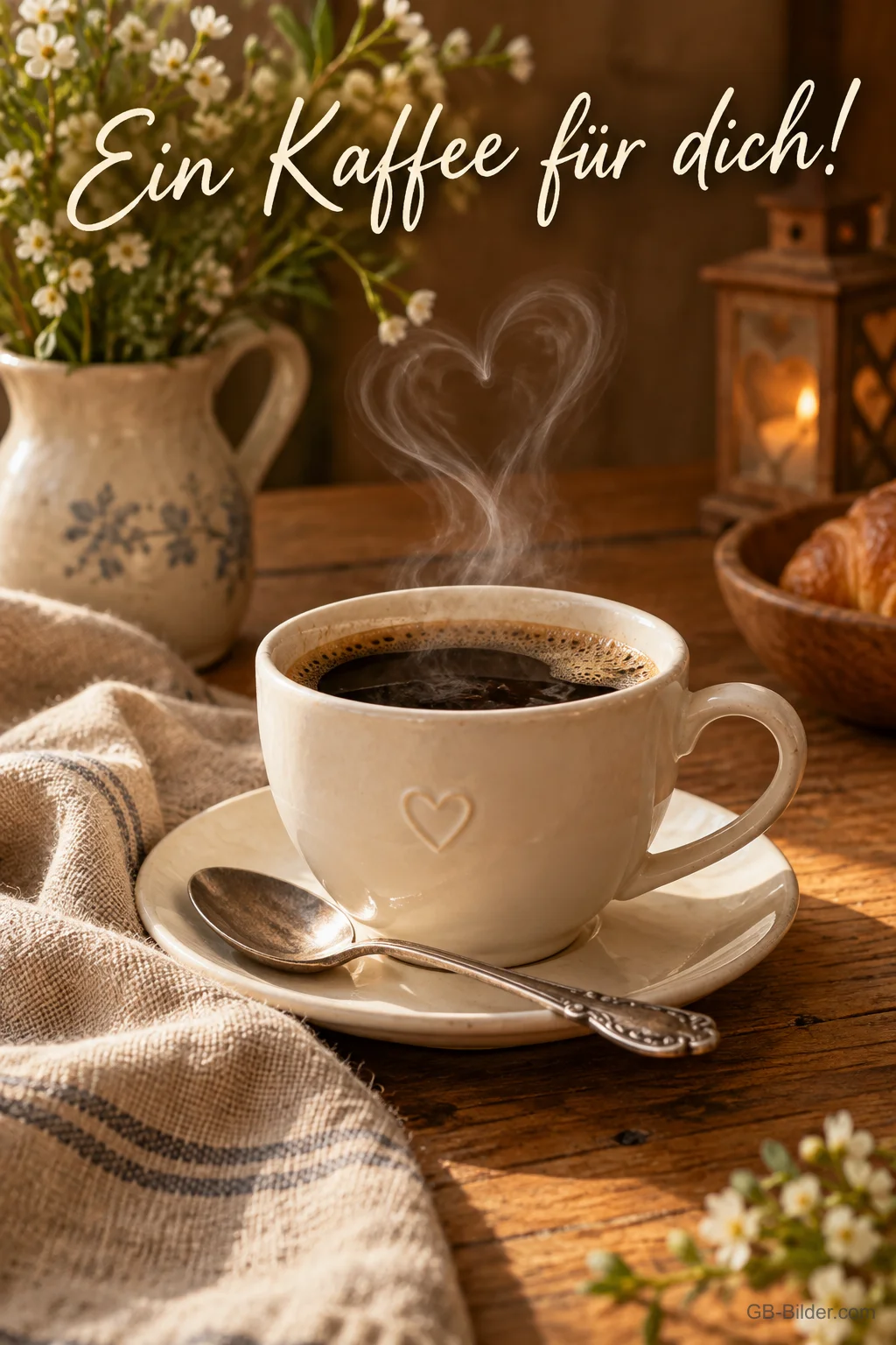 Kaffeetasse mit herzförmigem Dampf auf einem Tuch, Text: Ein Kaffee für dich! Kaffeetasse mit herzförmigem Dampf auf einem Tuch, Text: Ein Kaffee für dich!