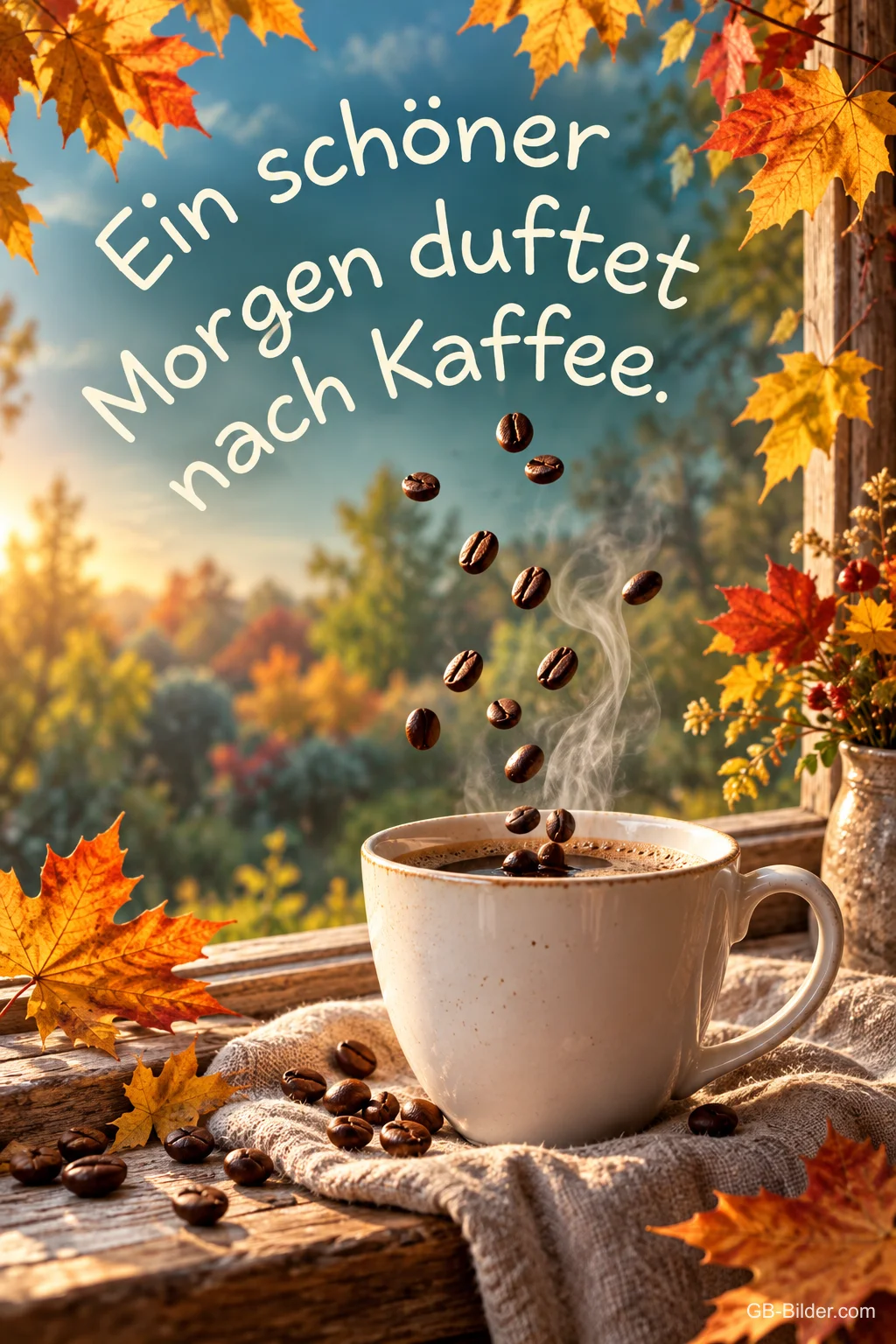 Kaffeebohnen fallen in eine Tasse vor Herbstlaub, Text: Ein schöner Morgen duftet nach Kaffee. Kaffeebohnen fallen in eine Tasse vor Herbstlaub, Text: Ein schöner Morgen duftet nach Kaffee.