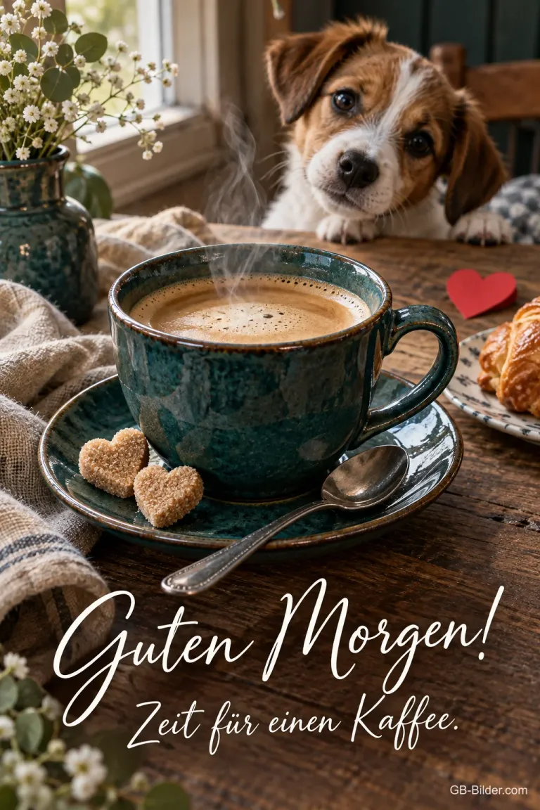 Welpe schaut über eine Kaffeetasse mit Herzkeksen, Text: Guten Morgen! – Zeit für einen Kaffee.