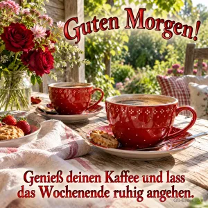Zwei rot gepunktete Kaffeetassen mit Keksen und Rosen, Text: Guten Morgen! – Genieß deinen Kaffee und lass das Wochenende ruhig angehen.