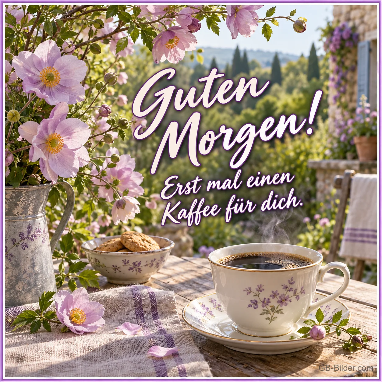 Kaffeetasse mit Anemonen auf einem Gartentisch, Text: Guten Morgen! – Erst mal einen Kaffee für dich. Kaffeetasse mit Anemonen auf einem Gartentisch, Text: Guten Morgen! – Erst mal einen Kaffee für dich.