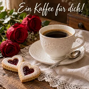 Kaffeetasse mit roten Rosen und Herzplätzchen auf Spitze, Text: Ein Kaffee für dich!