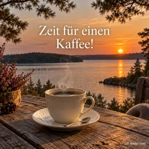 Kaffeetasse auf einem Holztisch über einem See im Sonnenuntergang, Text: Zeit für einen Kaffee!