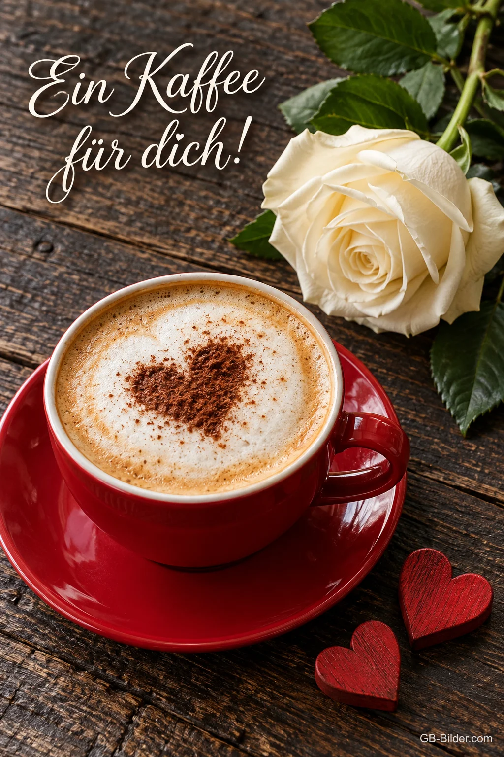 Cappuccino mit Herz und weiße Rose auf Holz, Text: Ein Kaffee für dich! Cappuccino mit Herz und weiße Rose auf Holz, Text: Ein Kaffee für dich!