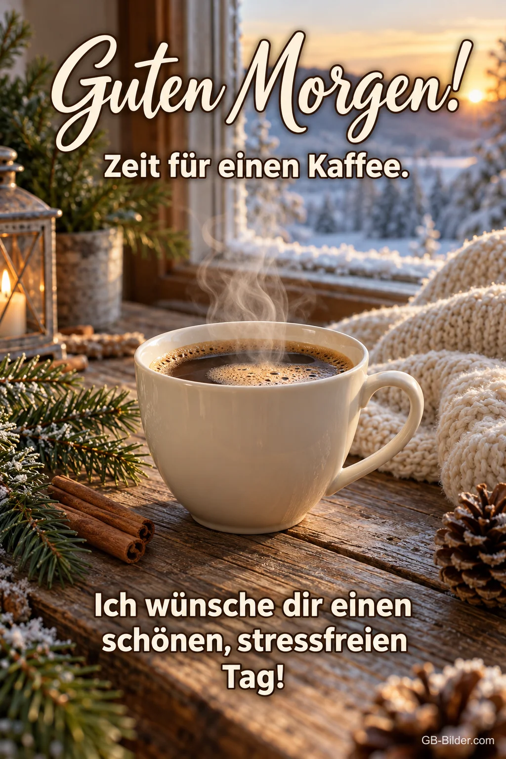 Kaffeetasse mit Zimt am verschneiten Fenster, Text: Guten Morgen! – Zeit für einen Kaffee. Ich wünsche dir einen schönen, stressfreien Tag! Kaffeetasse mit Zimt am verschneiten Fenster, Text: Guten Morgen! – Zeit für einen Kaffee. Ich wünsche dir einen schönen, stressfreien Tag!