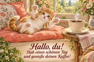 Rotes Kätzchen winkt auf einem Kissen neben einer Kaffeetasse, Text: Hallo, du! – Hab einen schönen Tag und genieße deinen Kaffee!