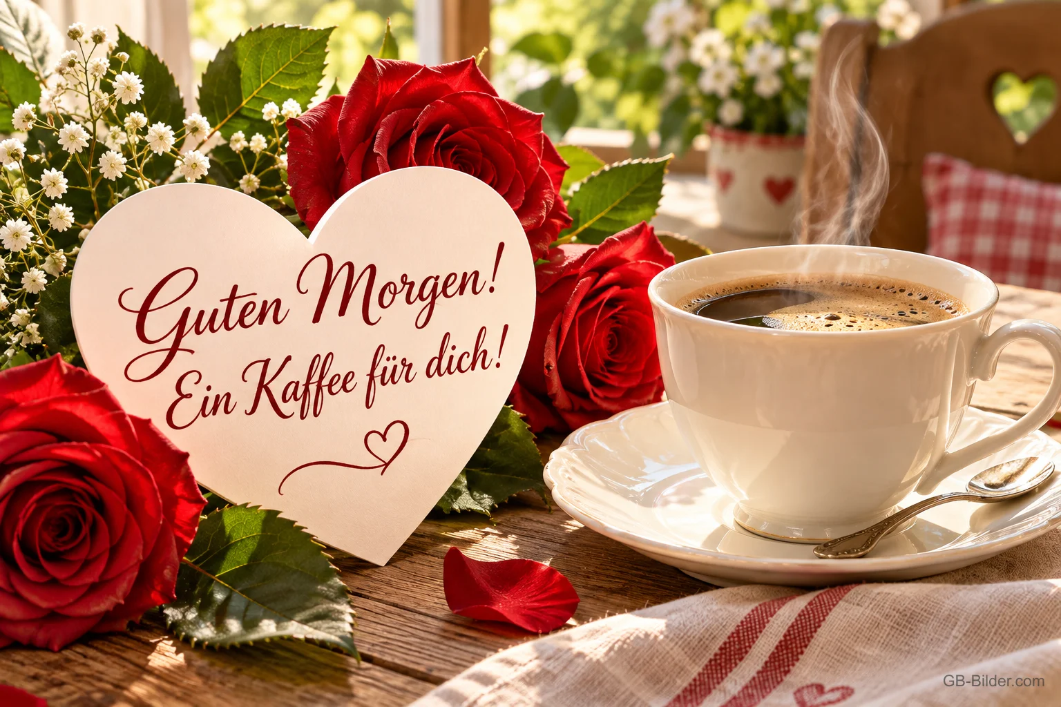 Herzkarte zwischen roten Rosen neben einer Kaffeetasse, Text: Guten Morgen! – Ein Kaffee für dich! Herzkarte zwischen roten Rosen neben einer Kaffeetasse, Text: Guten Morgen! – Ein Kaffee für dich!