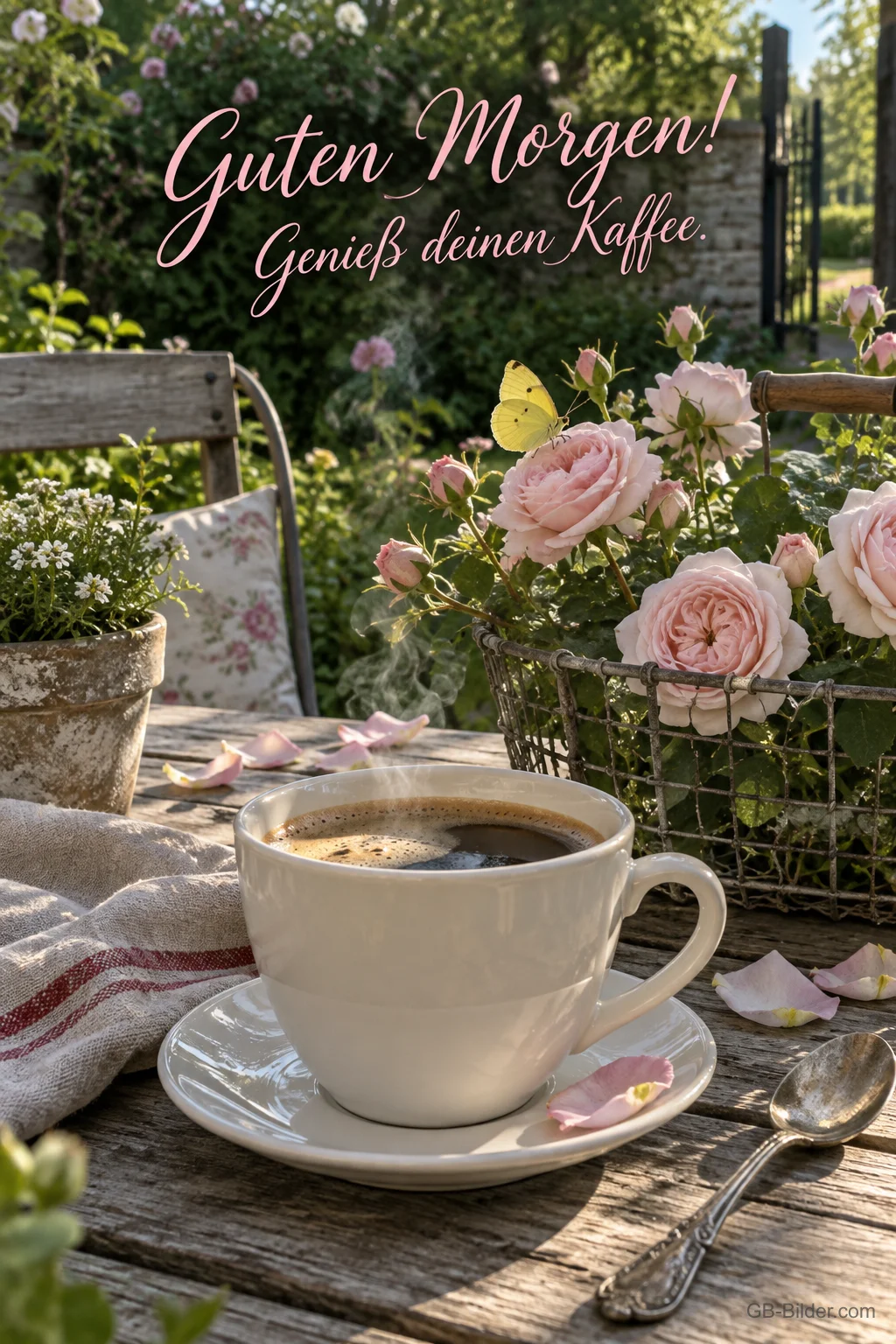 Kaffeetasse auf einem Gartentisch mit Rosenkorb, Text: Guten Morgen! – Genieß deinen Kaffee. Kaffeetasse auf einem Gartentisch mit Rosenkorb, Text: Guten Morgen! – Genieß deinen Kaffee.