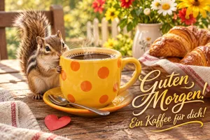Streifenhörnchen hält eine gepunktete Kaffeetasse neben Croissants, Text: Guten Morgen! – Ein Kaffee für dich!