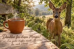Kaffeetasse auf einer Bank im Wald, Reh schaut zu, Text: Dankbar für diesen Morgen! – Ein guter Kaffee macht ihn noch schöner.
