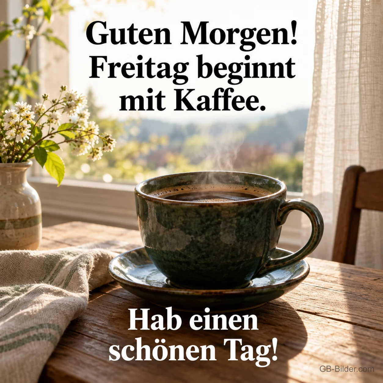 Dampfende Kaffeetasse am sonnigen Fenster, Text: Guten Morgen! Freitag beginnt mit Kaffee. – Hab einen schönen Tag! Dampfende Kaffeetasse am sonnigen Fenster, Text: Guten Morgen! Freitag beginnt mit Kaffee. – Hab einen schönen Tag!