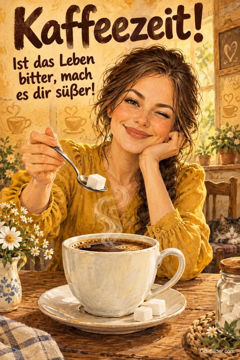 Lächelnde Frau gibt Zucker in ihren Kaffee, Text: Kaffeezeit! – Ist das Leben bitter, mach es dir süßer!