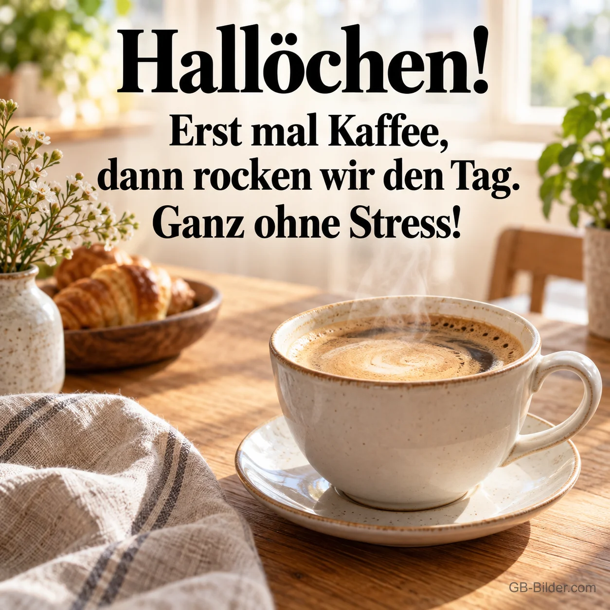 Kaffeetasse und Croissants auf einem Holztisch am Fenster, Text: Hallöchen! – Erst mal Kaffee, dann rocken wir den Tag. Ganz ohne Stress! Kaffeetasse und Croissants auf einem Holztisch am Fenster, Text: Hallöchen! – Erst mal Kaffee, dann rocken wir den Tag. Ganz ohne Stress!