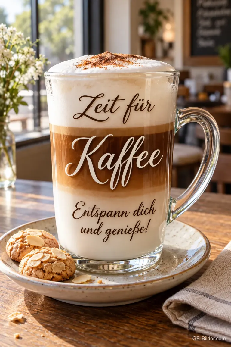 Latte macchiato im Glas mit Keksen auf dem Tisch, Text: Zeit für Kaffee – Entspann dich und genieße!