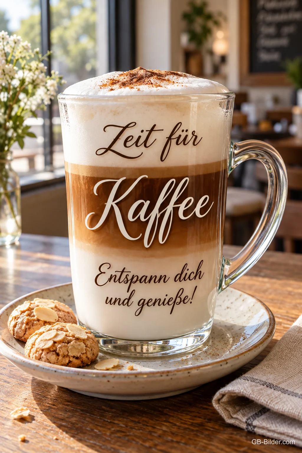 Latte macchiato im Glas mit Keksen auf dem Tisch, Text: Zeit für Kaffee – Entspann dich und genieße! Latte macchiato im Glas mit Keksen auf dem Tisch, Text: Zeit für Kaffee – Entspann dich und genieße!