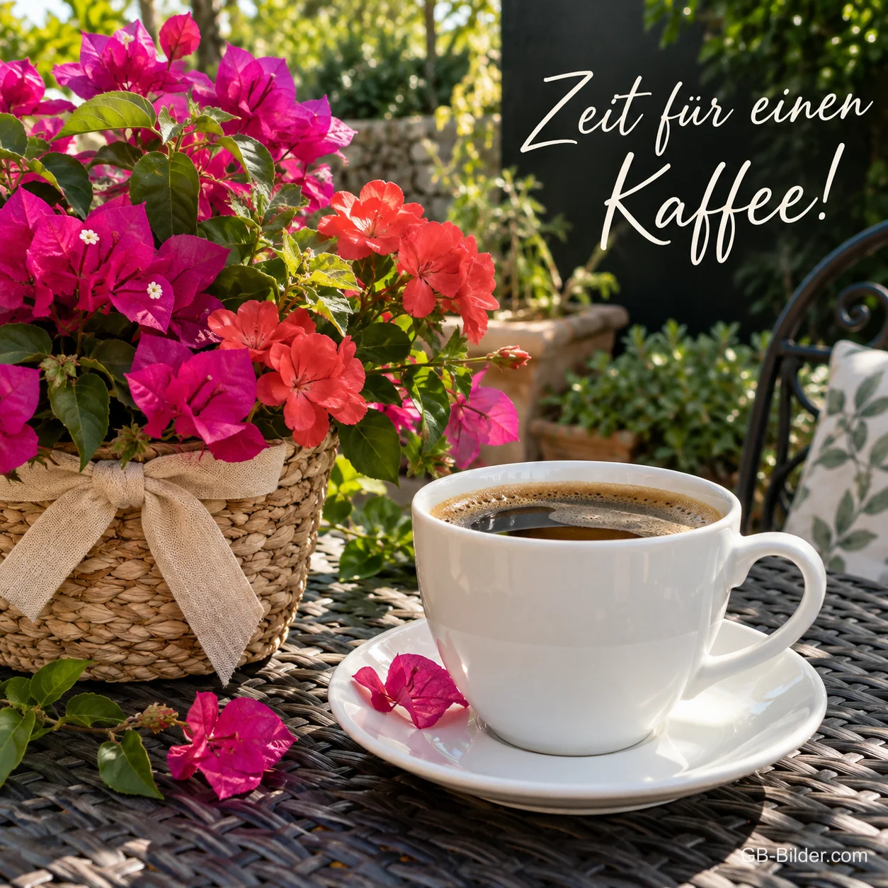 Kaffeetasse und Korb mit Bougainvillea auf einem Gartentisch, Text: Zeit für einen – Kaffee! Kaffeetasse und Korb mit Bougainvillea auf einem Gartentisch, Text: Zeit für einen – Kaffee!