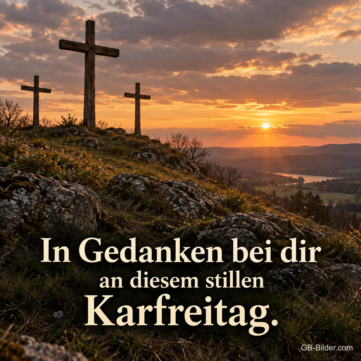 Drei Kreuze auf einem Hügel im Sonnenuntergang, Text: In Gedanken bei dir an diesem stillen Karfreitag. Drei Kreuze auf einem Hügel im Sonnenuntergang, Text: In Gedanken bei dir an diesem stillen Karfreitag.