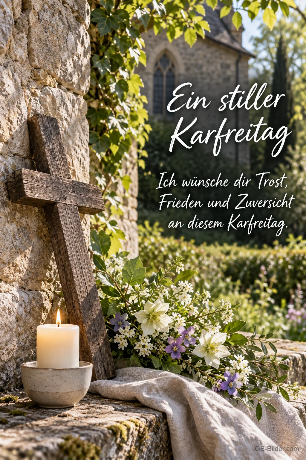 Holzkreuz und Kerze vor einer Kapelle, Text: Ein stiller Karfreitag Holzkreuz und Kerze vor einer Kapelle, Text: Ein stiller Karfreitag