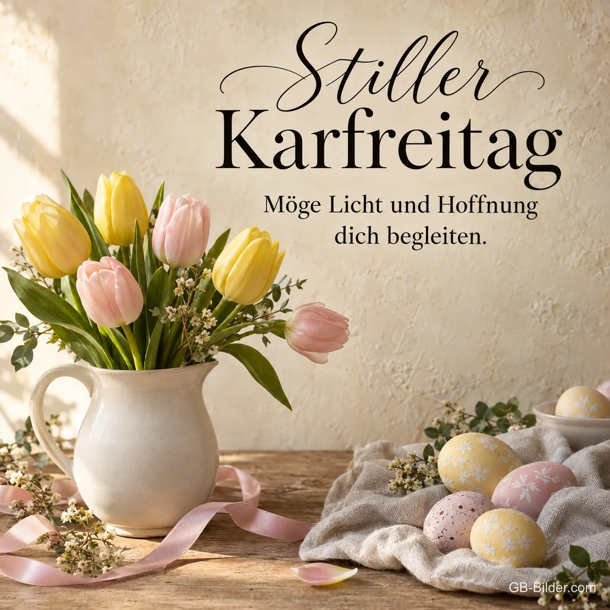 Tulpen im Krug neben Ostereiern, Text: Stiller Karfreitag – Möge Licht und Hoffnung dich begleiten. Tulpen im Krug neben Ostereiern, Text: Stiller Karfreitag – Möge Licht und Hoffnung dich begleiten.