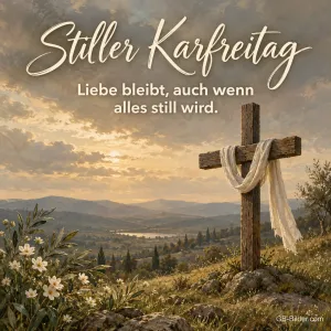 Holzkreuz mit Tuch auf einem Hügel, Text: Stiller Karfreitag – Liebe bleibt, auch wenn alles still wird.