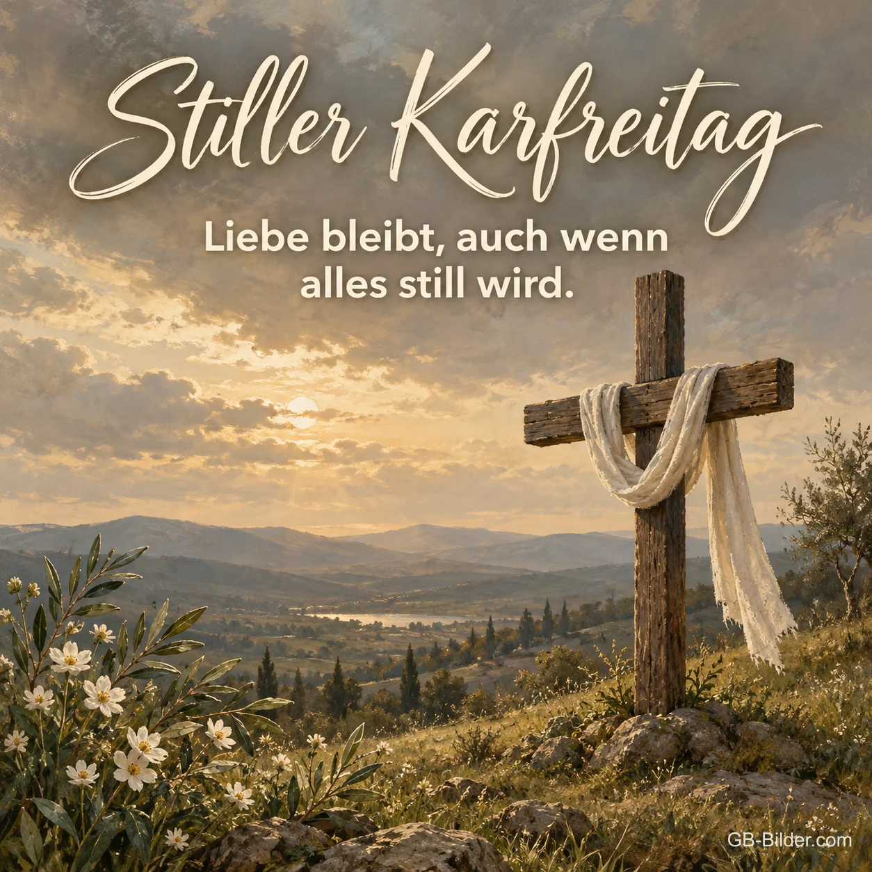 Holzkreuz mit Tuch auf einem Hügel, Text: Stiller Karfreitag – Liebe bleibt, auch wenn alles still wird. Holzkreuz mit Tuch auf einem Hügel, Text: Stiller Karfreitag – Liebe bleibt, auch wenn alles still wird.