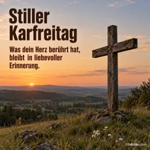 Holzkreuz auf einem Hügel im Abendlicht, Text: Stiller Karfreitag