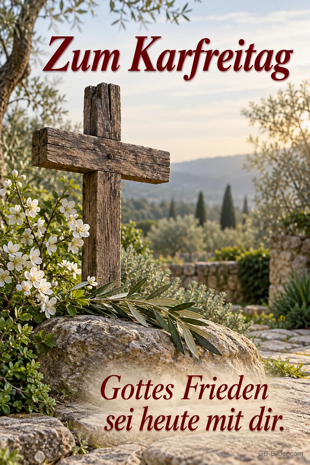 Holzkreuz zwischen Blüten, Text: Zum Karfreitag – Gottes Frieden sei heute mit dir. Holzkreuz zwischen Blüten, Text: Zum Karfreitag – Gottes Frieden sei heute mit dir.