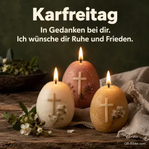 Brennende Eierkerzen mit Kreuzen, Text: Karfreitag – In Gedanken bei dir.