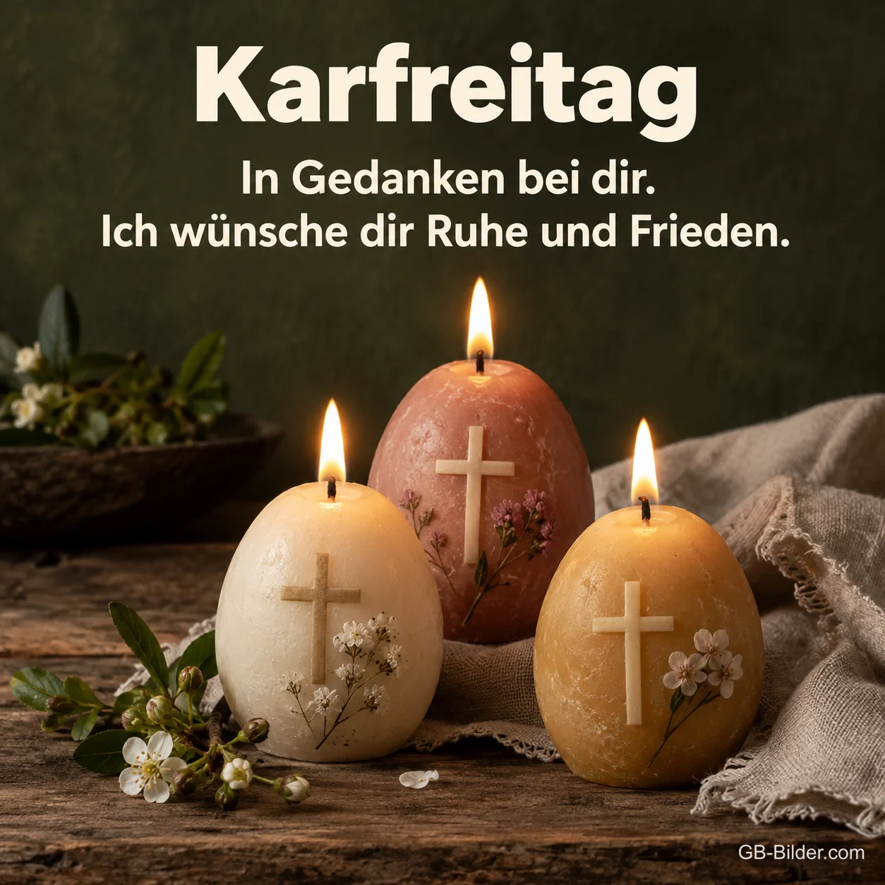 Brennende Eierkerzen mit Kreuzen, Text: Karfreitag – In Gedanken bei dir. Brennende Eierkerzen mit Kreuzen, Text: Karfreitag – In Gedanken bei dir.