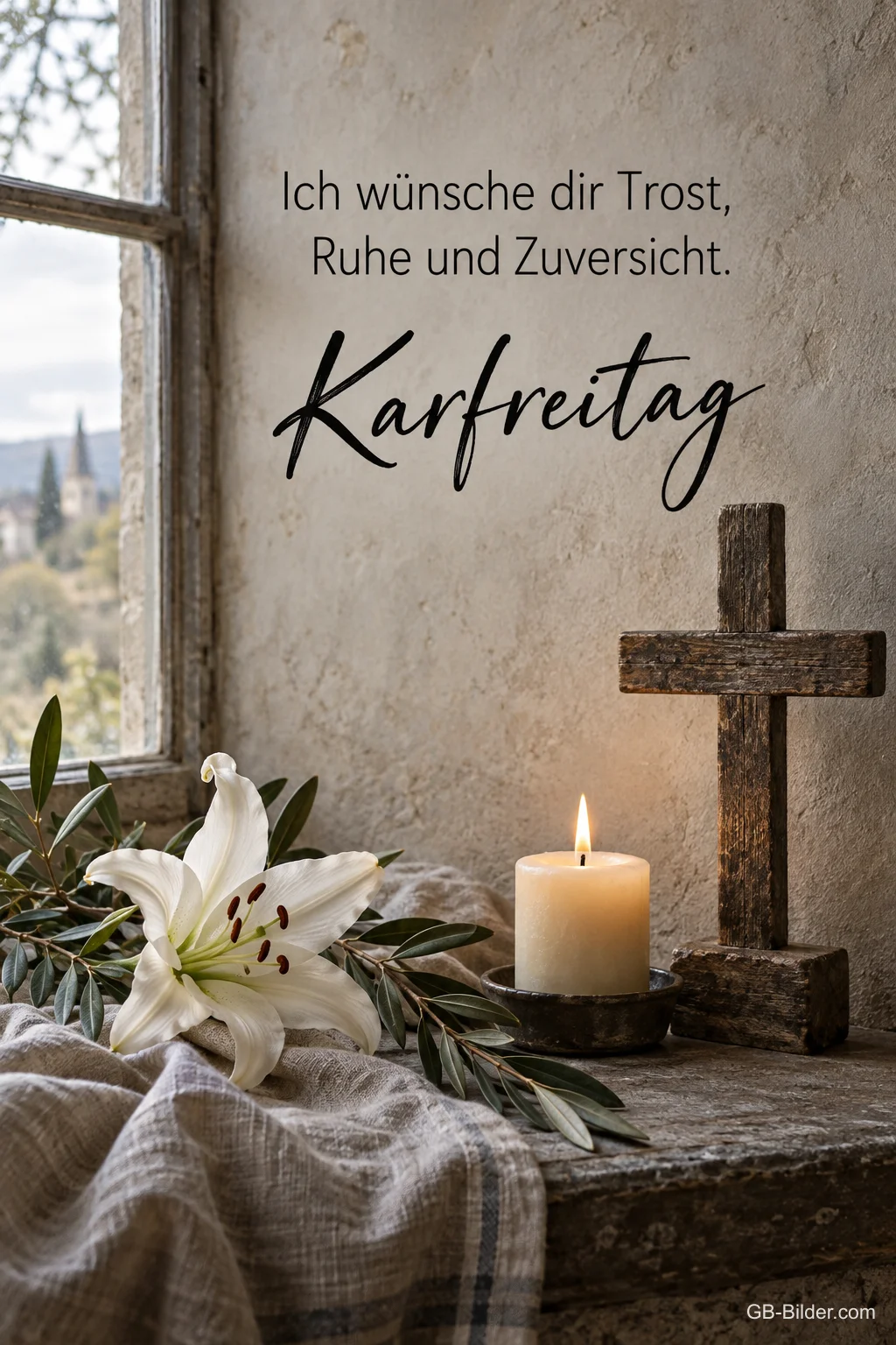 Lilie und Kerze vor einem Holzkreuz, Text: Ich wünsche dir Trost, Ruhe und Zuversicht. Karfreitag Lilie und Kerze vor einem Holzkreuz, Text: Ich wünsche dir Trost, Ruhe und Zuversicht. Karfreitag