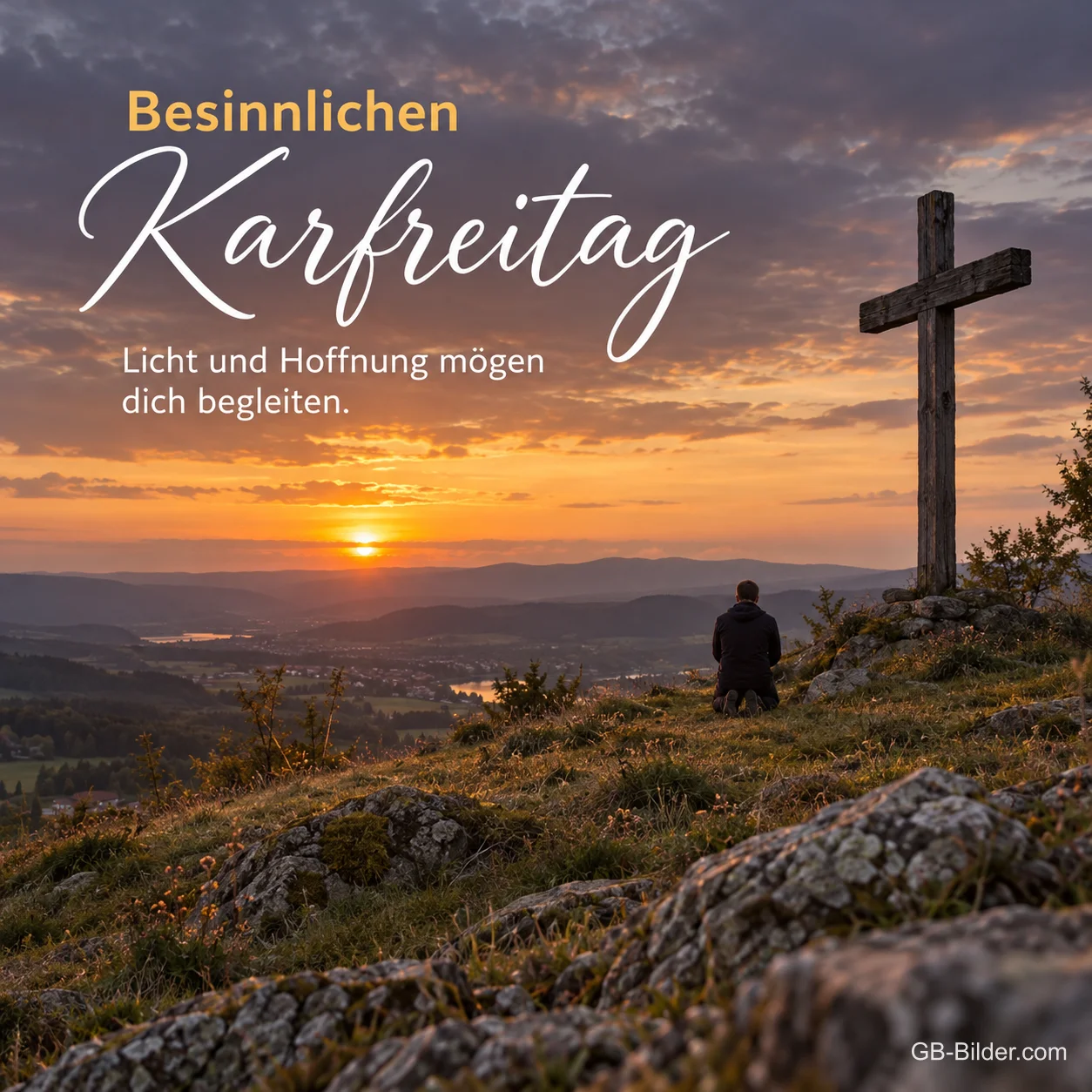 Kniender Mann vor einem Kreuz im Abendrot, Text: Besinnlichen Karfreitag Kniender Mann vor einem Kreuz im Abendrot, Text: Besinnlichen Karfreitag