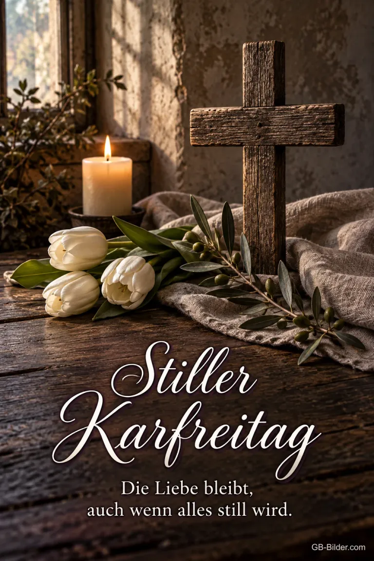 Holzkreuz, Kerze und weiße Tulpen am Fenster, Text: Stiller Karfreitag