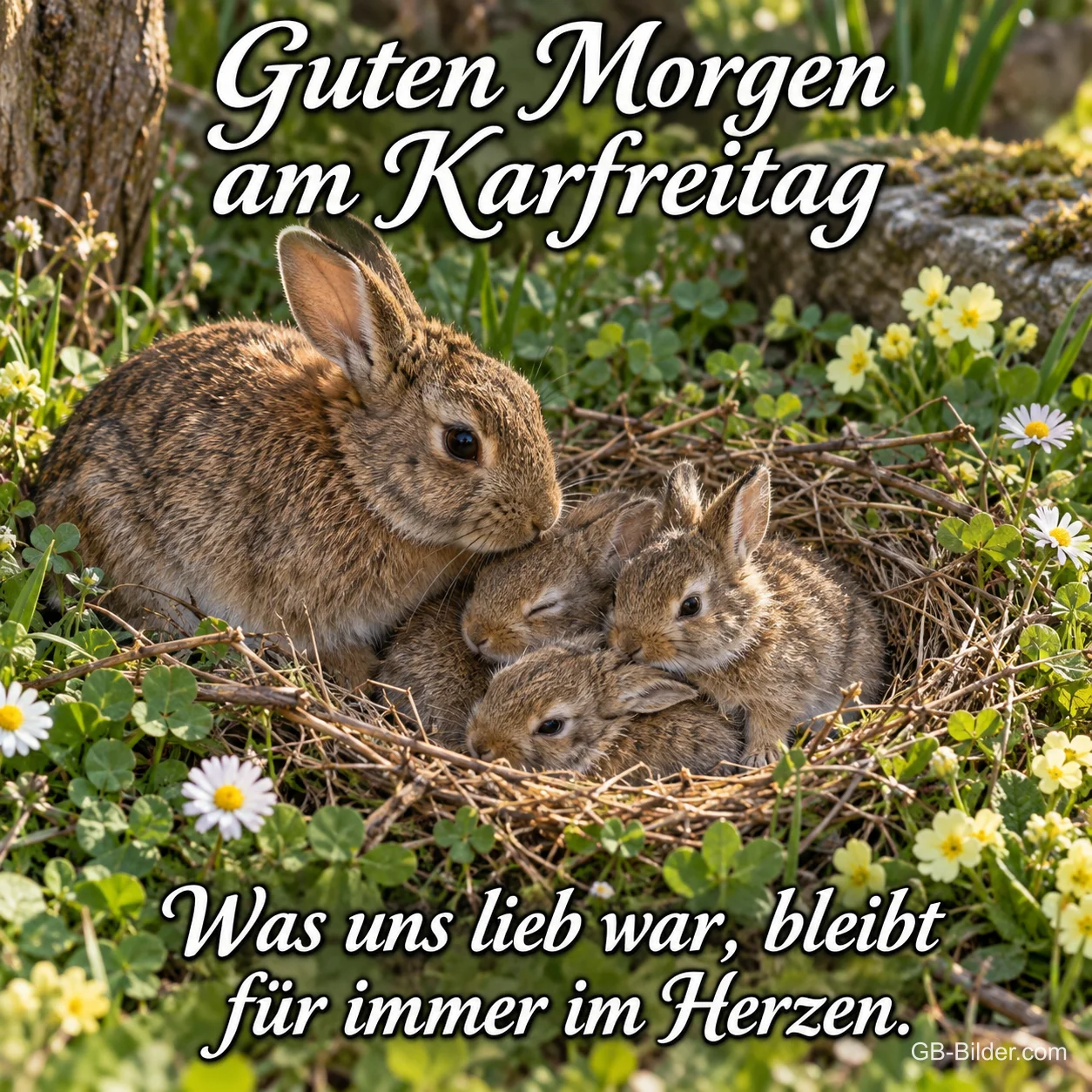 Häsin mit Jungen im Nest, Text: Guten Morgen am Karfreitag Häsin mit Jungen im Nest, Text: Guten Morgen am Karfreitag